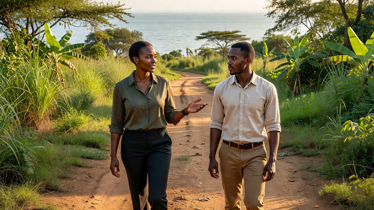 Team meeting outdoors near Lake Victoria